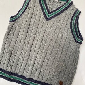 Janie and Jack Light Gray Cable Knit Vest with Navy and Teal Trim